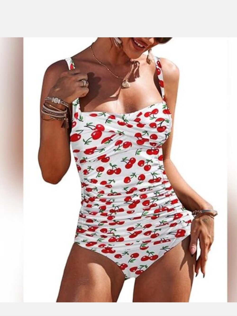 New Ekouaer L 50s Coquette Retro Cherry Ruched Summer Beach One Piece Swimsuit
